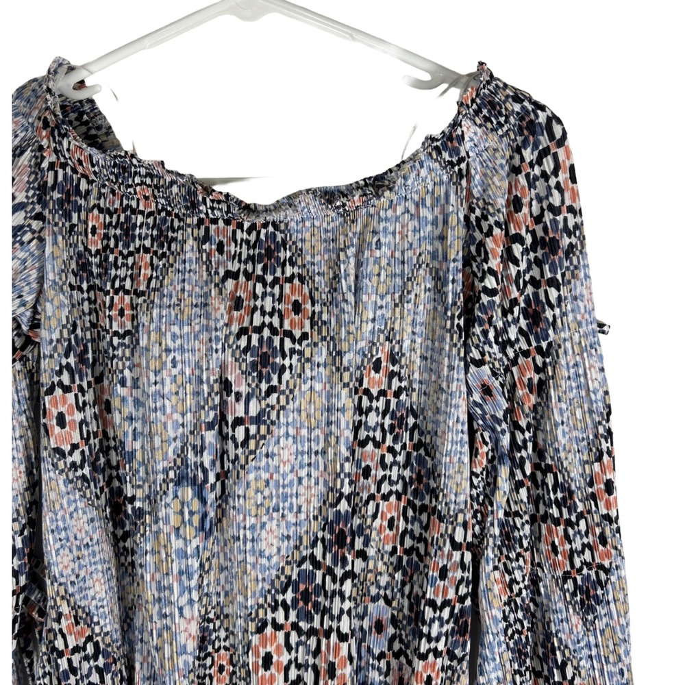 LC Lauren Conrad Women XS Plisse Off Shoulder Blouse Geometric Floral Tie Sleeve - Picture 4 of 8